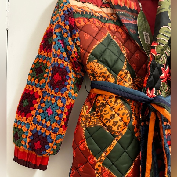 Farm Rio Patchwork Tapestry Crochet Puffer Jacket - Picture 12 of 13